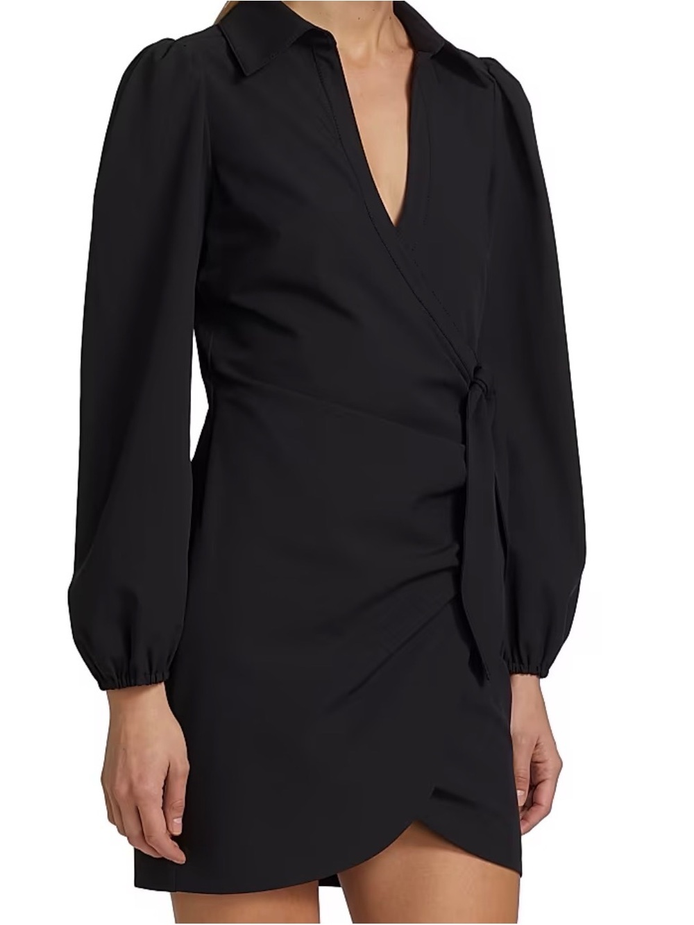 Black Wrap Mini Dress with Long Puff Sleeves cinq a sept